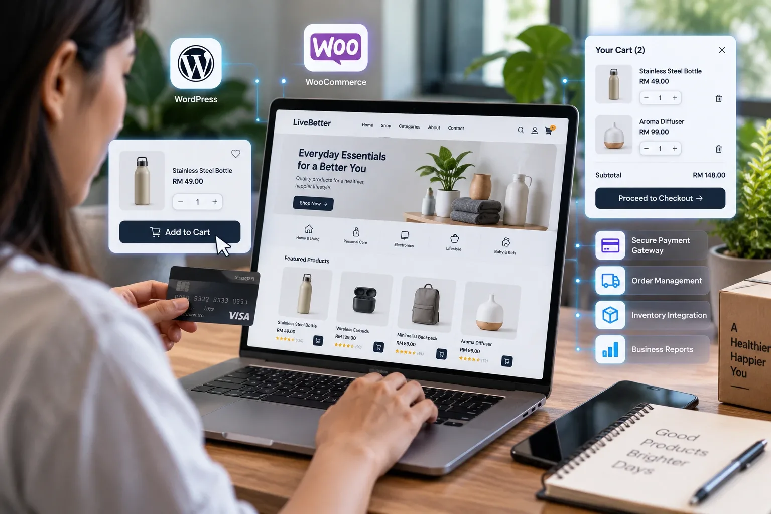 Shopper checking out on a WordPress and WooCommerce online store, with cart, payment and order management panels