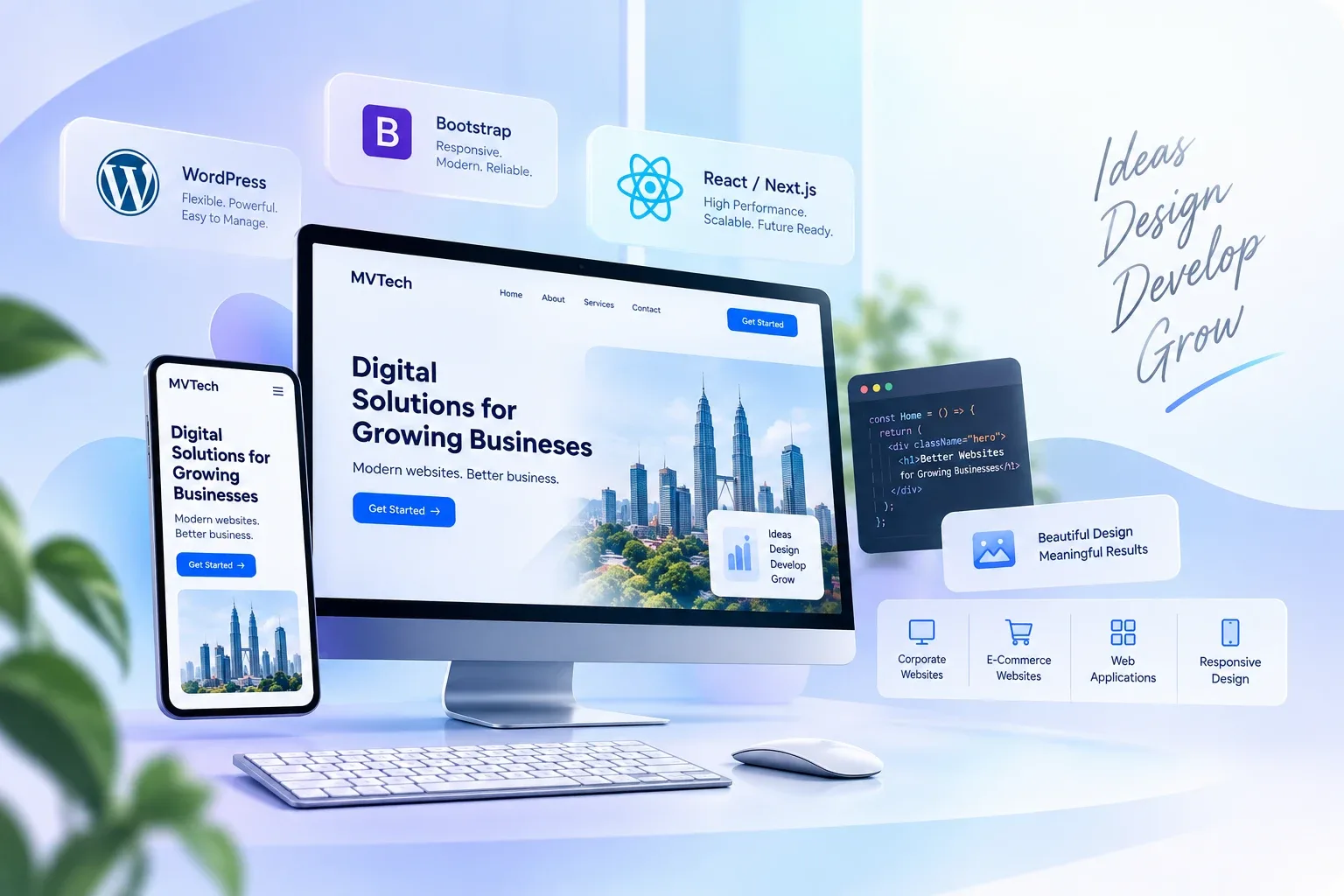 Website design mockup across desktop, laptop and phone, built with WordPress, Bootstrap and React/Next.js